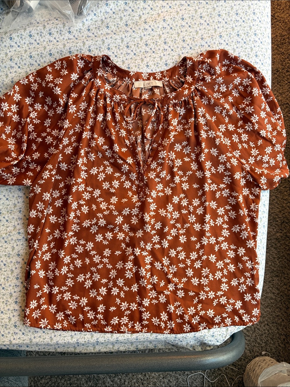 LOFT Rust Floral Tie-Neck Top